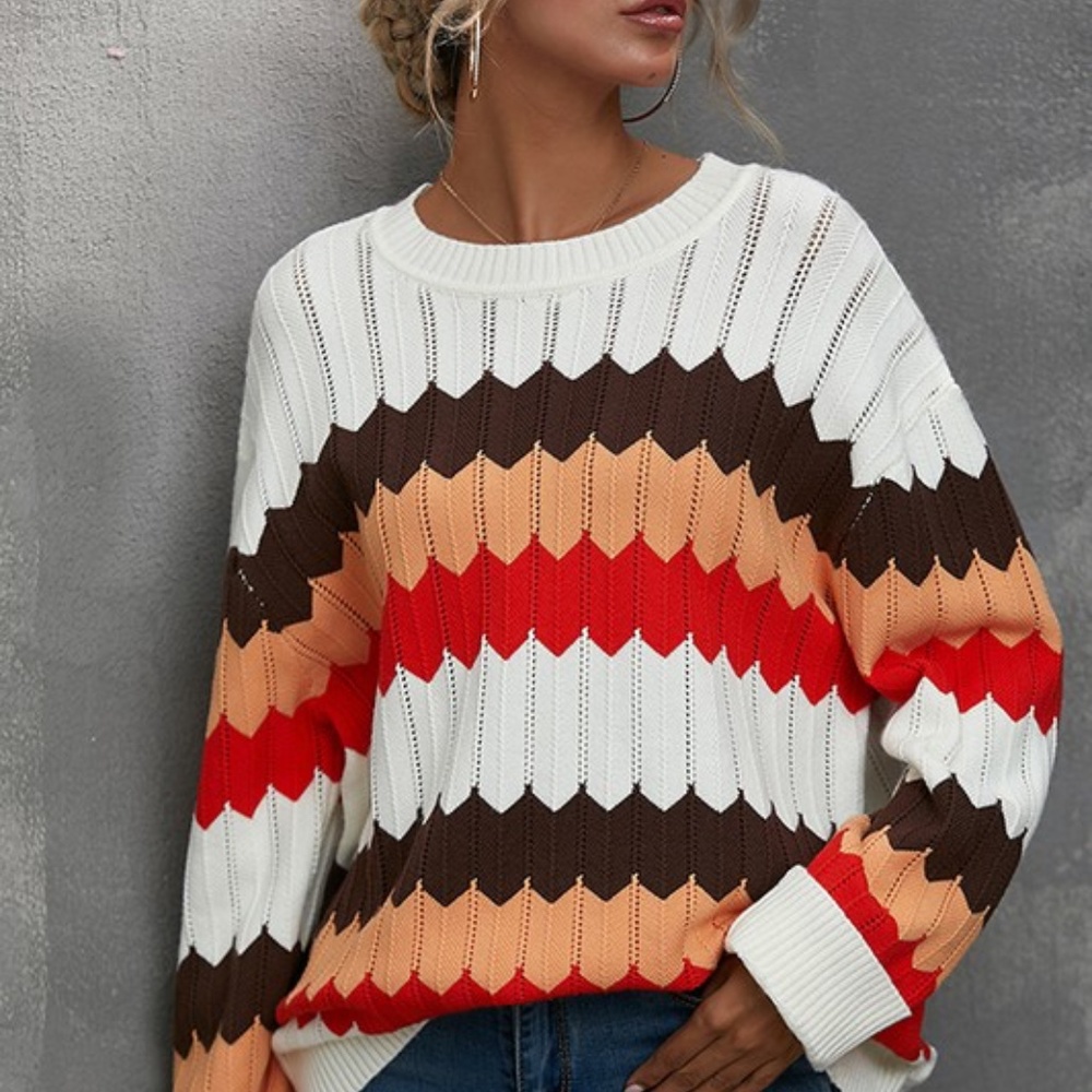 #51 Cream Color block oversized striped knit sweater - Picture 4 of 5
